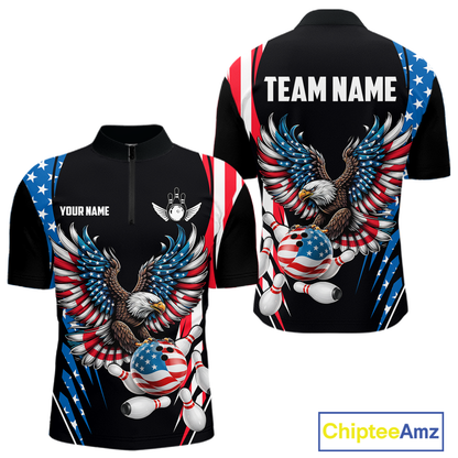 Personalized American Flag Eagle Bowling Polo & 1/4 Zip For Men, Patriotic Bowling Team Jersey TDM5822