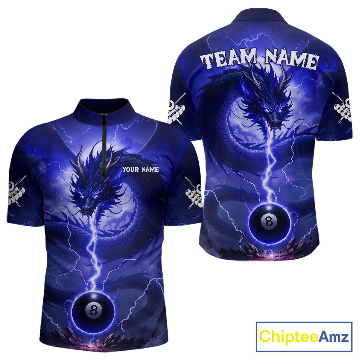Blue 8 Ball Lightning Dragon Billiard Jersey For Men Custom Pool Team Shirt Polo & 1/4 Zip TDM5115