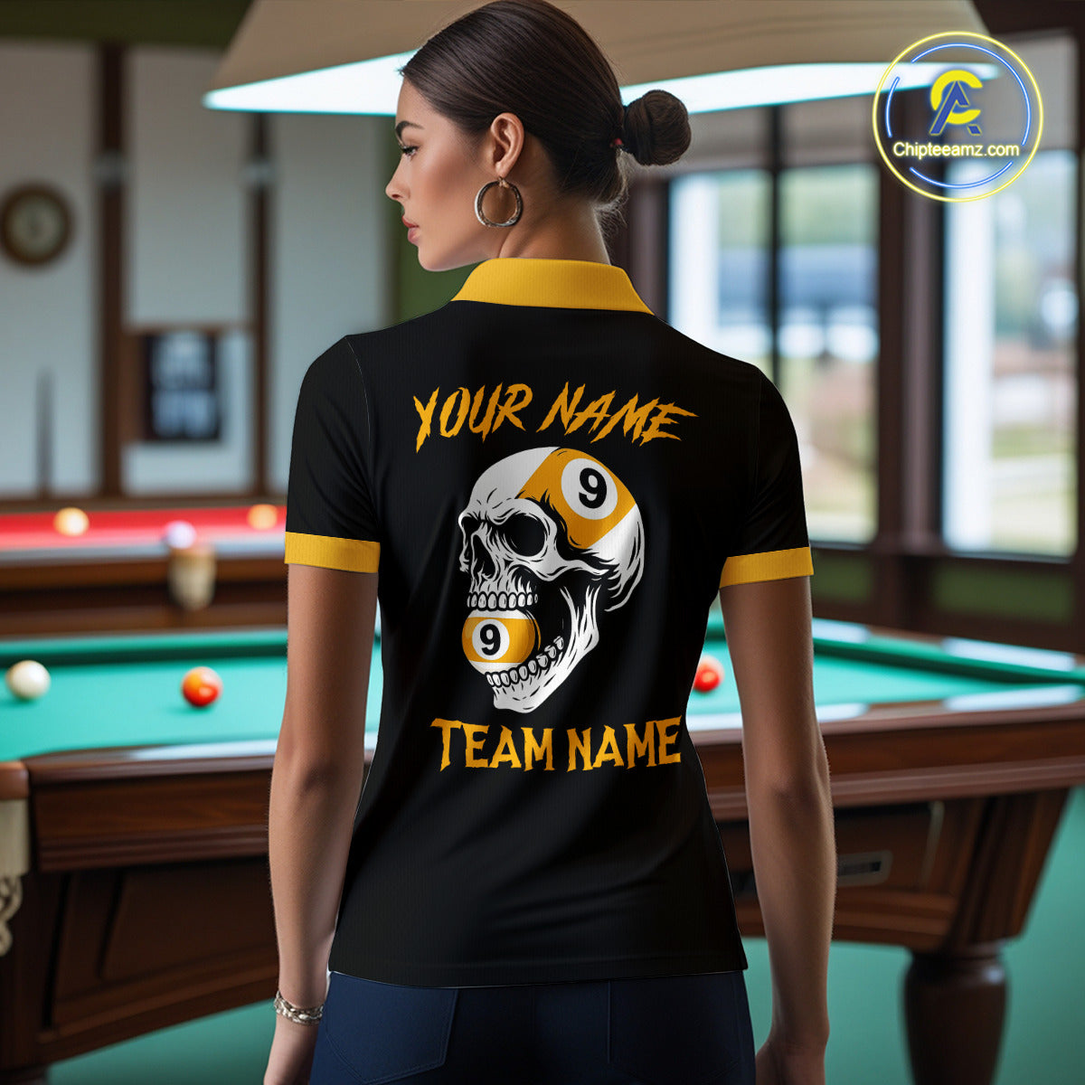 Personalized 9 Ball Skull Argyle Pattern Women's Billiard Shirts, 9 Ball Team Shirts Billiard Jersey TDM5137