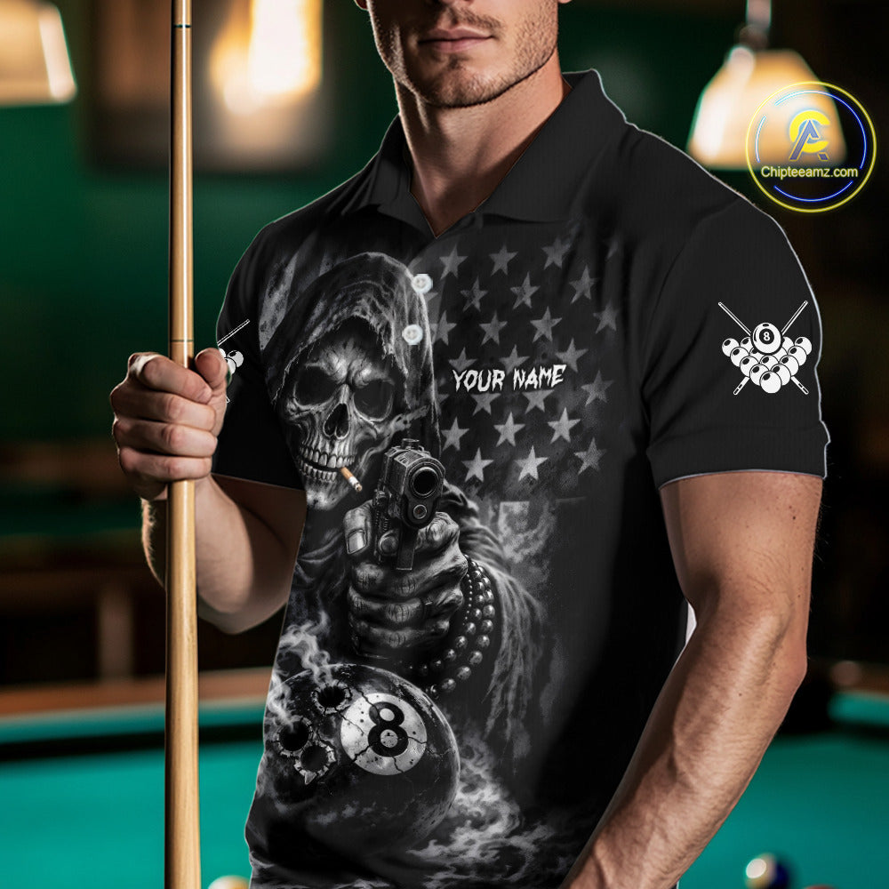 US Flag Grim Reaper 8 Ball Smoke Billiard Shirt For Men Custom Pool Jersey, Billiard Team Shirt TDM5611