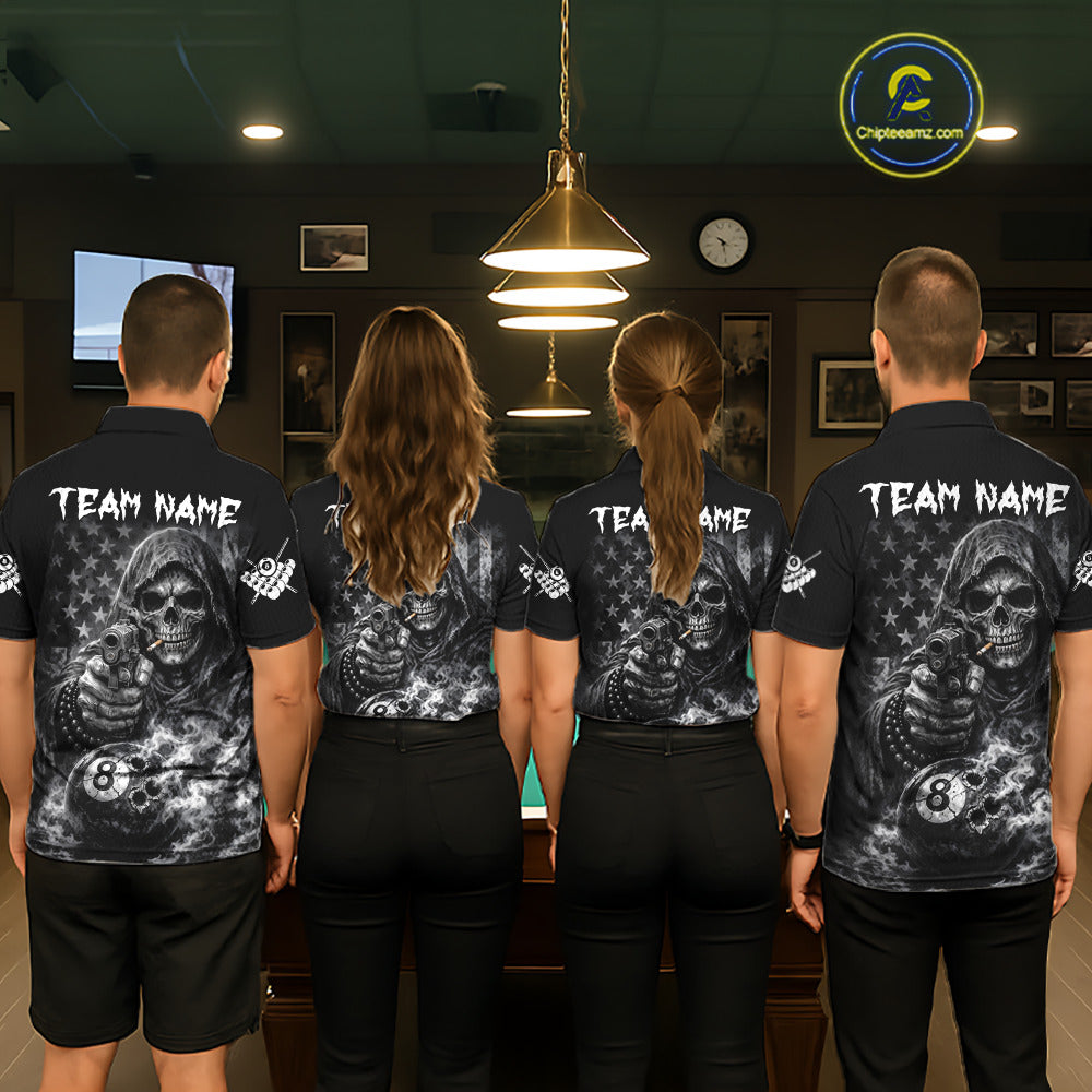 US Flag Grim Reaper 8 Ball Smoke Billiard Shirt For Women Custom Pool Jersey, Billiard Team Shirt TDM5611
