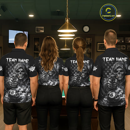 US Flag Grim Reaper 8 Ball Smoke Billiard Shirt For Women Custom Pool Jersey, Billiard Team Shirt TDM5611