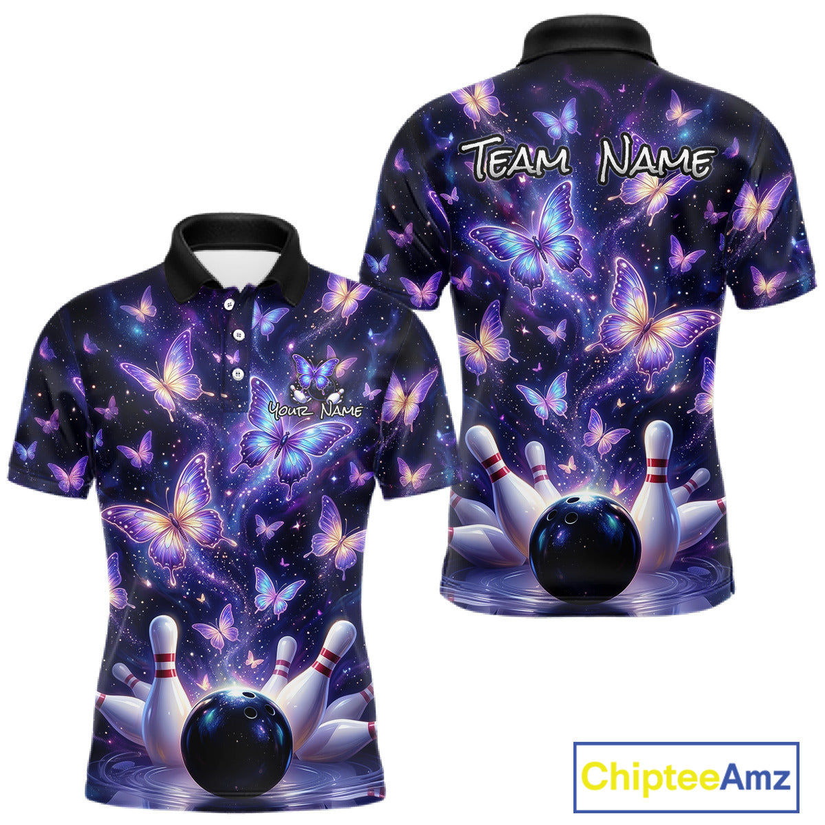 Custom Purple Butterfly Bowling Shirt For Men, Glowing Bowling Team Jersey Polo & 1/4 Zip TDM6225