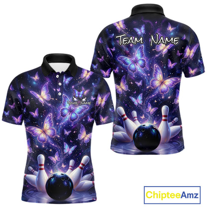 Custom Purple Butterfly Bowling Shirt For Men, Glowing Bowling Team Jersey Polo & 1/4 Zip TDM6225