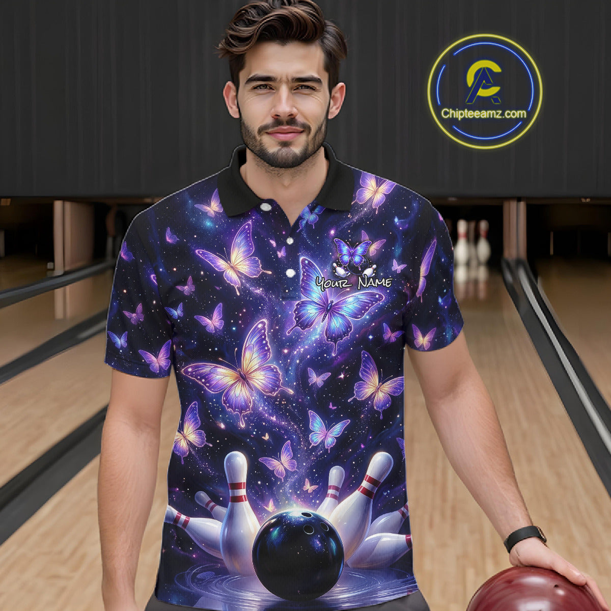 Custom Purple Butterfly Bowling Shirt For Men, Glowing Bowling Team Jersey Polo & 1/4 Zip TDM6225