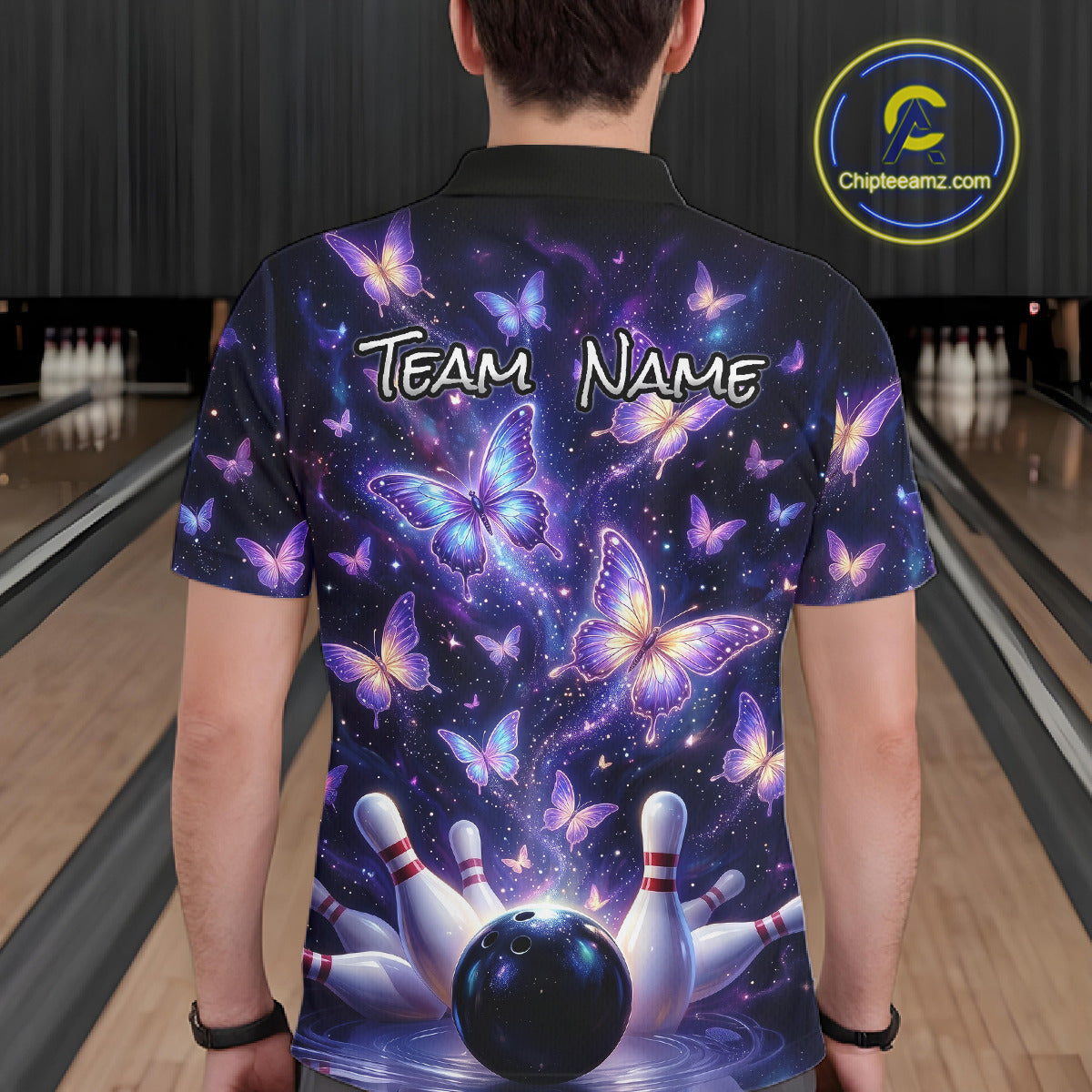 Custom Purple Butterfly Bowling Shirt For Men, Glowing Bowling Team Jersey Polo & 1/4 Zip TDM6225