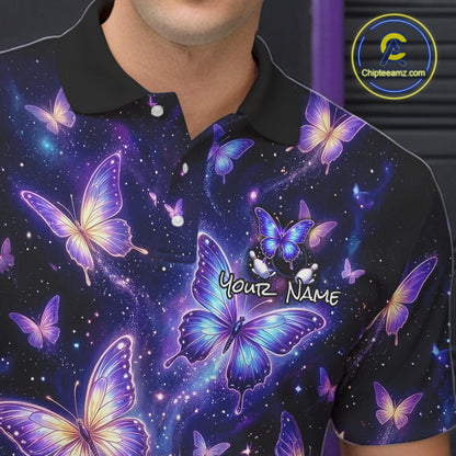 Custom Purple Butterfly Bowling Shirt For Men, Glowing Bowling Team Jersey Polo & 1/4 Zip TDM6225
