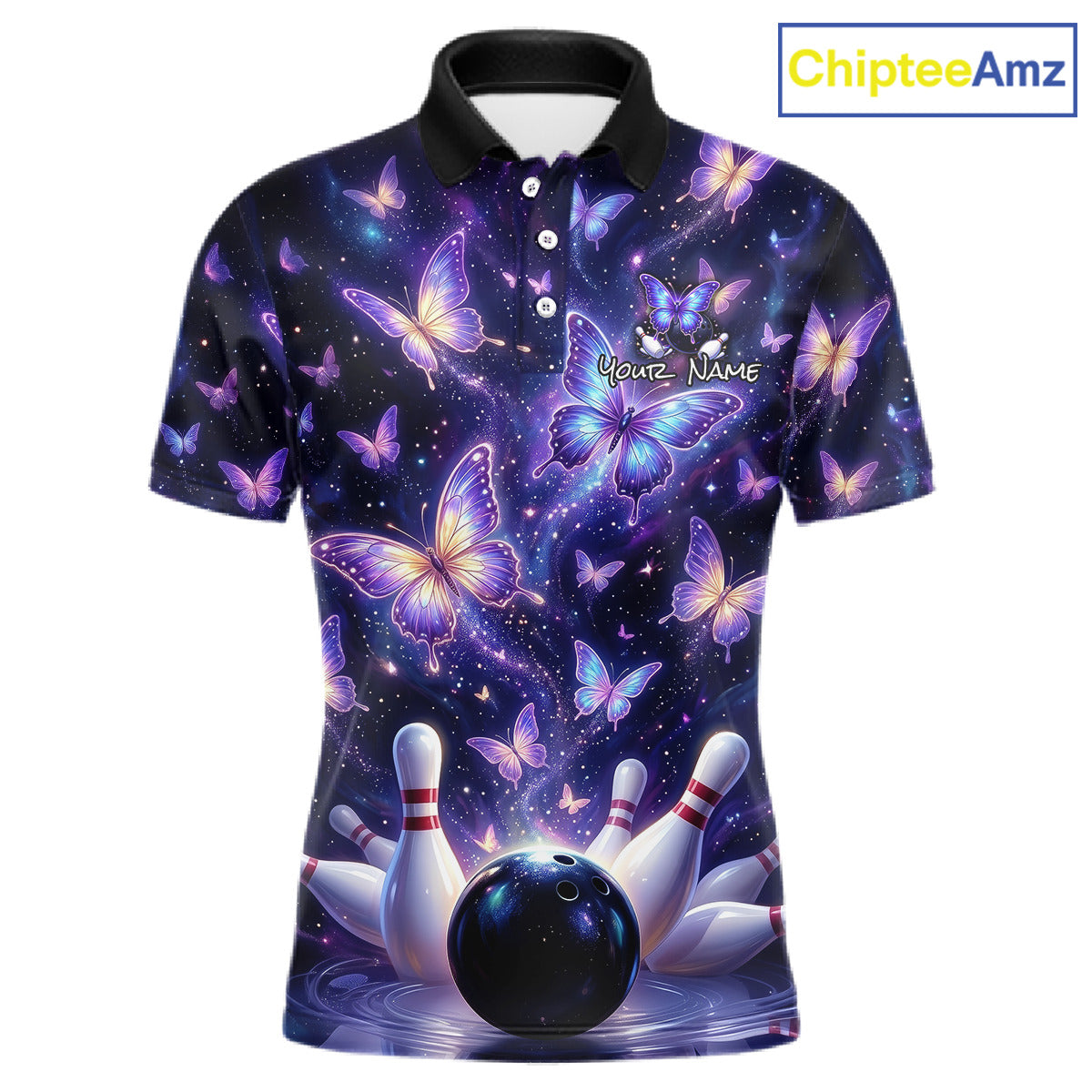 Custom Purple Butterfly Bowling Shirt For Men, Glowing Bowling Team Jersey Polo & 1/4 Zip TDM6225
