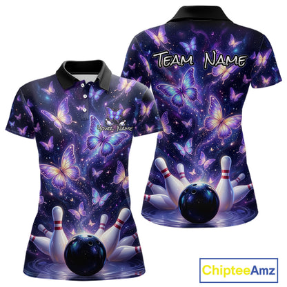 Custom Purple Butterfly Bowling Shirt For Women, Glowing Bowling Team Jersey Polo & 1/4 Zip TDM6225
