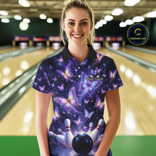 Load image into Gallery viewer, Custom Purple Butterfly Bowling Shirt For Women, Glowing Bowling Team Jersey Polo &amp; 1/4 Zip TDM6225