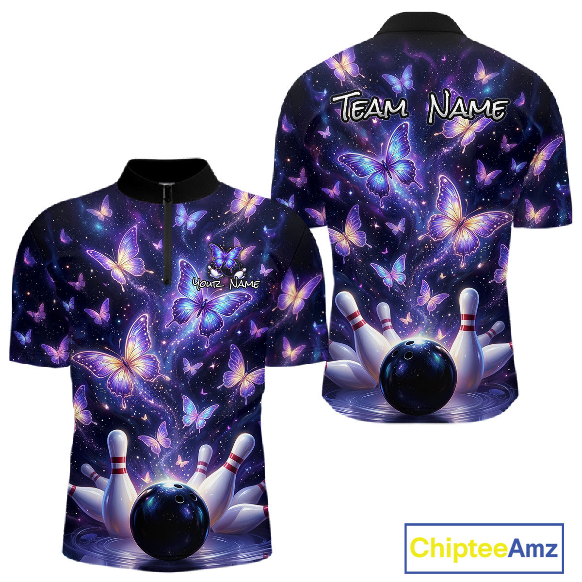 Custom Purple Butterfly Bowling Shirt For Men, Glowing Bowling Team Jersey Polo & 1/4 Zip TDM6225