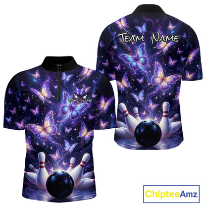 Custom Purple Butterfly Bowling Shirt For Men, Glowing Bowling Team Jersey Polo & 1/4 Zip TDM6225