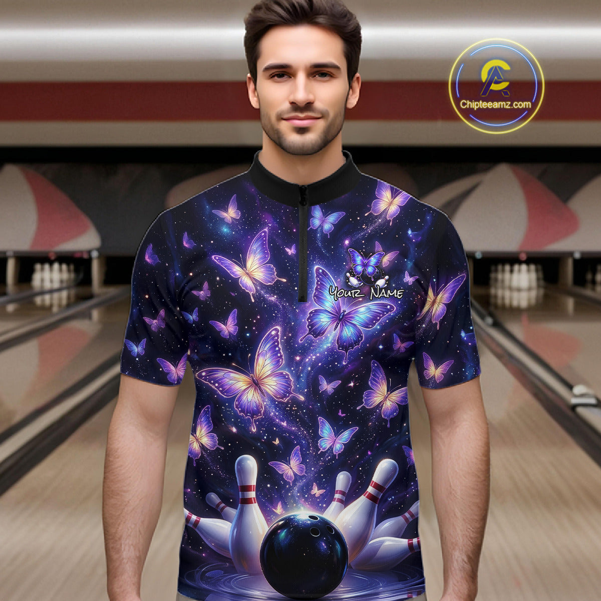Custom Purple Butterfly Bowling Shirt For Men, Glowing Bowling Team Jersey Polo & 1/4 Zip TDM6225
