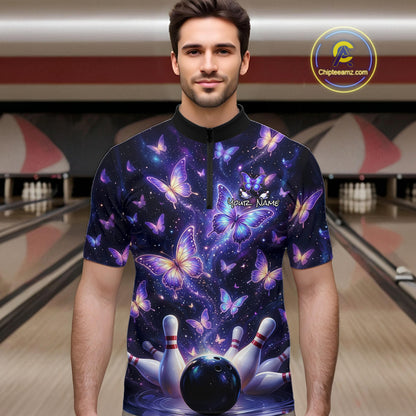 Custom Purple Butterfly Bowling Shirt For Men, Glowing Bowling Team Jersey Polo & 1/4 Zip TDM6225
