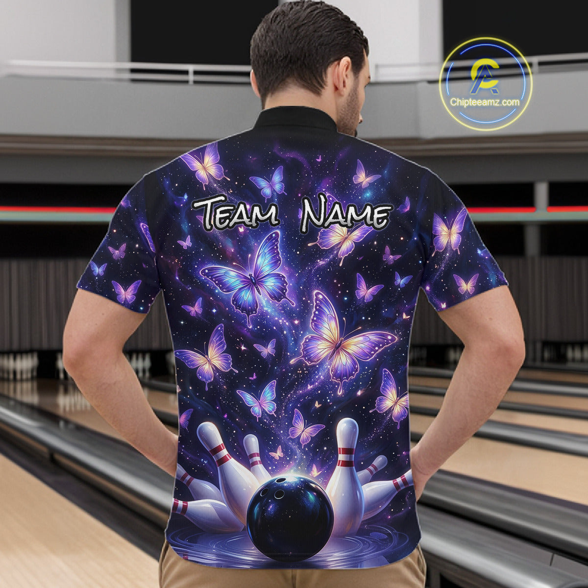 Custom Purple Butterfly Bowling Shirt For Men, Glowing Bowling Team Jersey Polo & 1/4 Zip TDM6225
