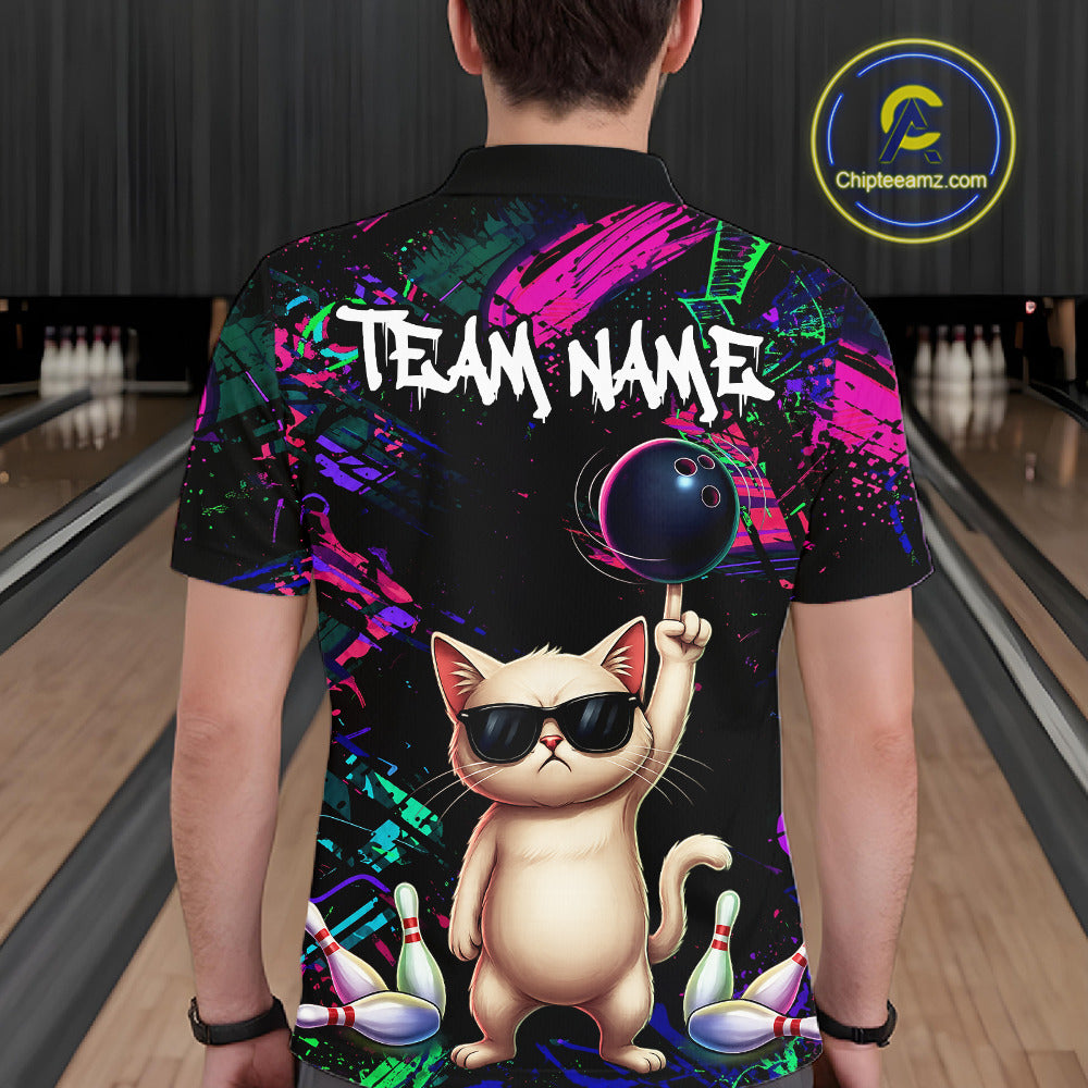 Custom Funny Cat Graffiti Bowling Shirt For Men, Personalized Bowling Team Jersey Polo & 1/4 Zip TDM6455