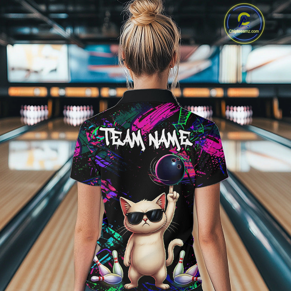 Custom Funny Cat Graffiti Bowling Shirt For Women, Personalized Bowling Team Jersey Polo & 1/4 Zip TDM6455