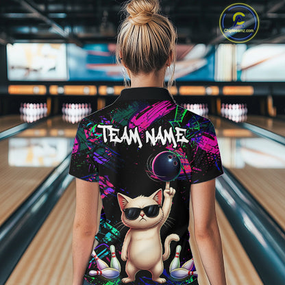 Custom Funny Cat Graffiti Bowling Shirt For Women, Personalized Bowling Team Jersey Polo & 1/4 Zip TDM6455