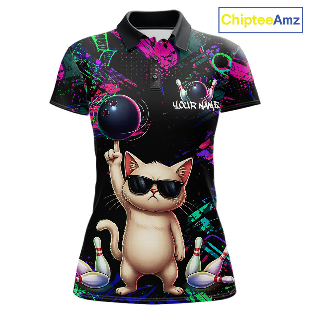Custom Funny Cat Graffiti Bowling Shirt For Women, Personalized Bowling Team Jersey Polo & 1/4 Zip TDM6455