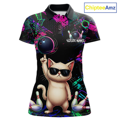 Custom Funny Cat Graffiti Bowling Shirt For Women, Personalized Bowling Team Jersey Polo & 1/4 Zip TDM6455