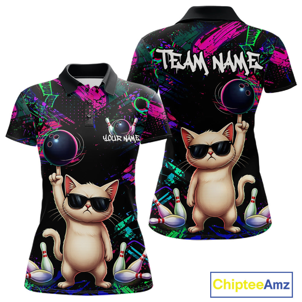 Custom Funny Cat Graffiti Bowling Shirt For Women, Personalized Bowling Team Jersey Polo & 1/4 Zip TDM6455