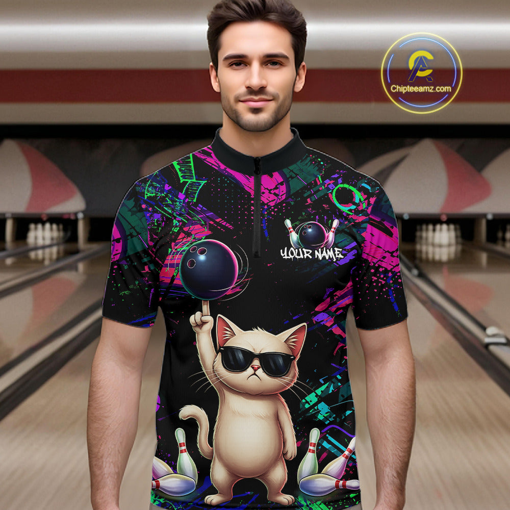 Custom Funny Cat Graffiti Bowling Shirt For Men, Personalized Bowling Team Jersey Polo & 1/4 Zip TDM6455
