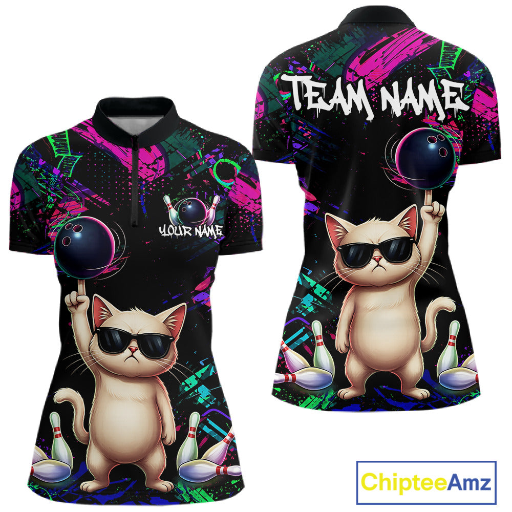 Custom Funny Cat Graffiti Bowling Shirt For Women, Personalized Bowling Team Jersey Polo & 1/4 Zip TDM6455