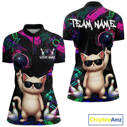 Custom Funny Cat Graffiti Bowling Shirt For Women, Personalized Bowling Team Jersey Polo & 1/4 Zip TDM6455