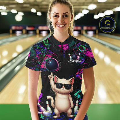 Custom Funny Cat Graffiti Bowling Shirt For Women, Personalized Bowling Team Jersey Polo & 1/4 Zip TDM6455