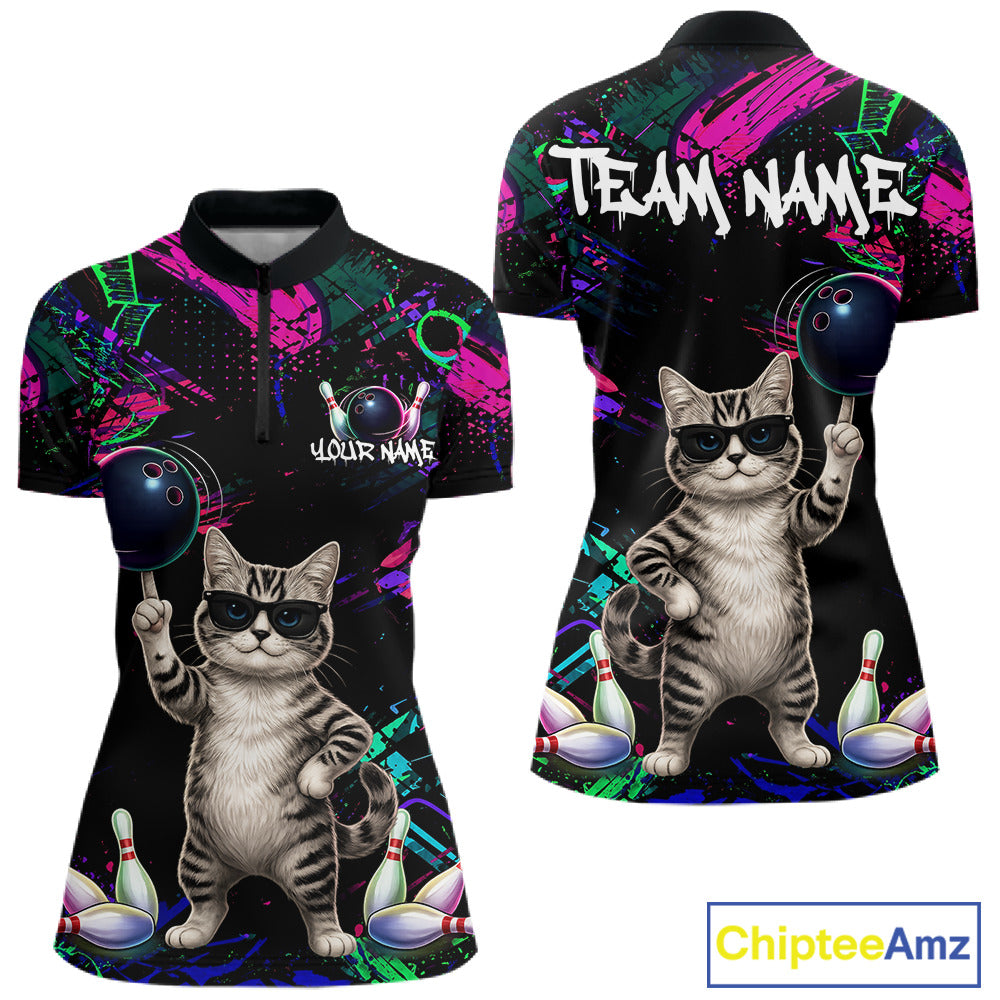 Personalized Funny Cat Graffiti Bowling Shirt For Women Custom Bowling Jersey Team Polo & 1/4 Zip TDM6456