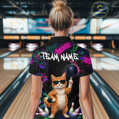 Personalized Funny Cat Graffiti Bowling Jersey For Women Custom Bowling Team Shirts Polo & 1/4 Zip TDM6457