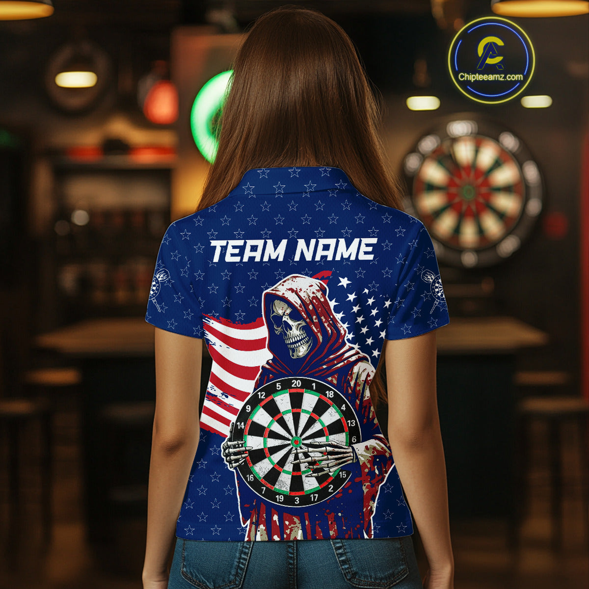 American Flag Grim Reaper Darts Shirt For Women Custom Patriotic Darts Jersey Team Polo & 1/4 Zip TDM5148