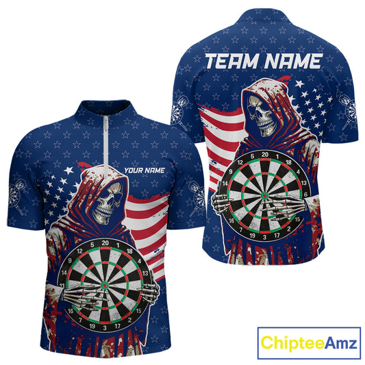American Flag Grim Reaper Darts Shirt For Men Custom Patriotic Darts Jersey Team Polo & 1/4 Zip TDM5148