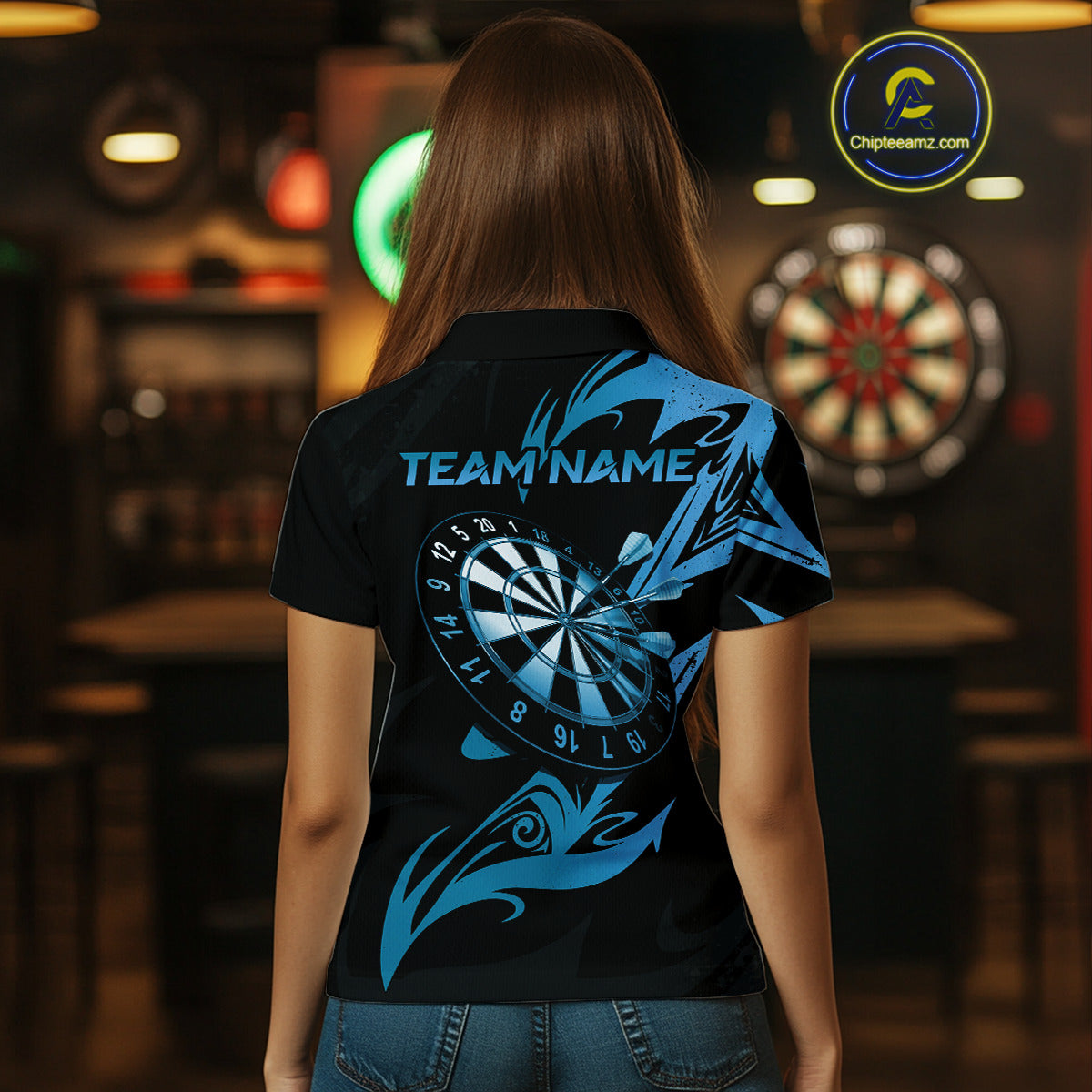 Black And Blue Dartboard Tribal Darts Polo & 1/4 Zip Custom Darts Shirt For Women, Darts Jersey TDM5368
