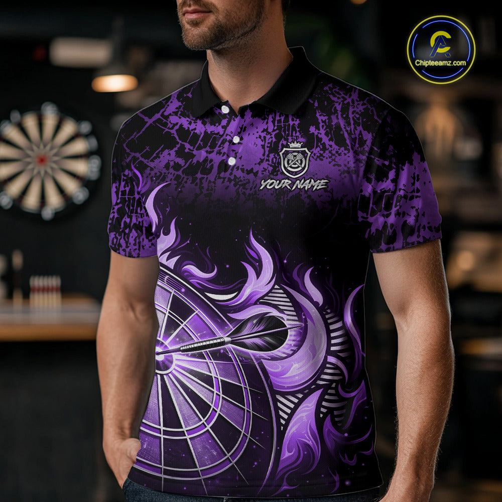 Black And Purple Dartboard Tribal Flame Darts Polo & 1/4 Zip For Men Custom Darts Team Jersey TDM6014