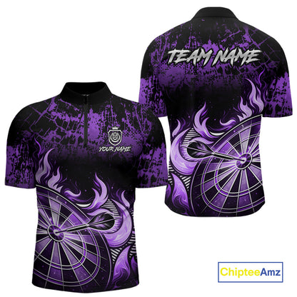 Black And Purple Dartboard Tribal Flame Darts Polo & 1/4 Zip For Men Custom Darts Team Jersey TDM6014