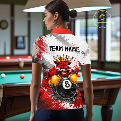 Red And White Grunge Bull 8 Ball Billiard Shirt For Women Custom Pool Team Jersey Polo & 1/4 Zip TDM5647