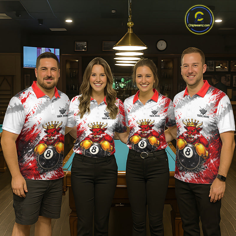 Red And White Grunge Bull 8 Ball Billiard Shirt For Women Custom Pool Team Jersey Polo & 1/4 Zip TDM5647