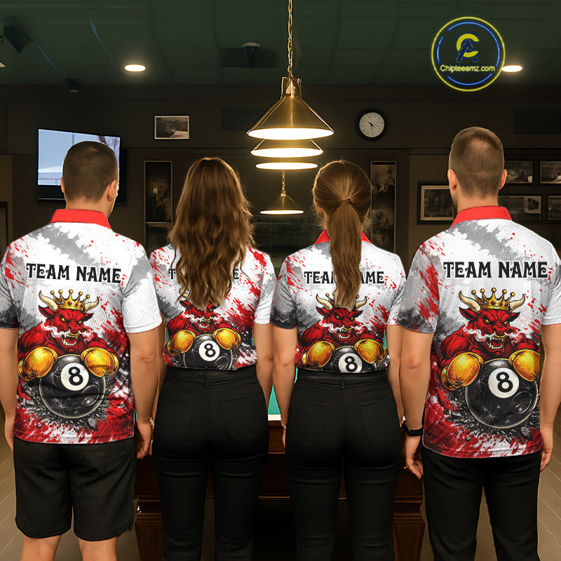 Red And White Grunge Bull 8 Ball Billiard Shirt For Women Custom Pool Team Jersey Polo & 1/4 Zip TDM5647