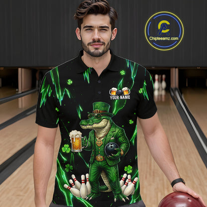 Custom Green St Patricks Alligator Bowling Shirt For Men, Lucky Bowling Team Jersey Polo & 1/4 Zip TDM6266