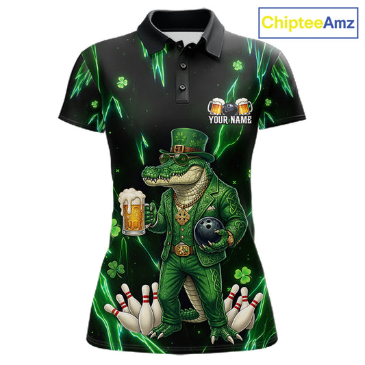 Custom Green St Patricks Alligator Bowling Shirt For Women, Lucky Bowling Team Jersey Polo & 1/4 Zip TDM6266