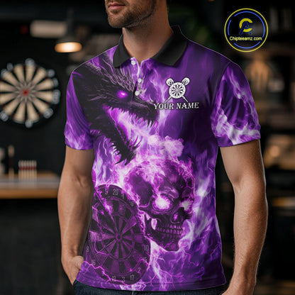 Personalized Purple Flaming Dragon And Skull Darts Shirt For Men Custom 3D Fire Darts Team Jersey TDM4959
