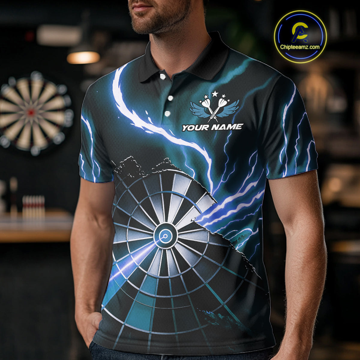 Personalized Blue Lightning Mens Dart Shirts Custom Glowing Darts Team Jersey Polo & 1/4 Zip TDM5161