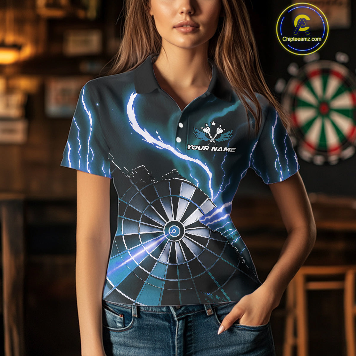 Personalized Blue Lightning Womens Dart Shirts Custom Glowing Darts Team Jersey Polo & 1/4 Zip TDM5161