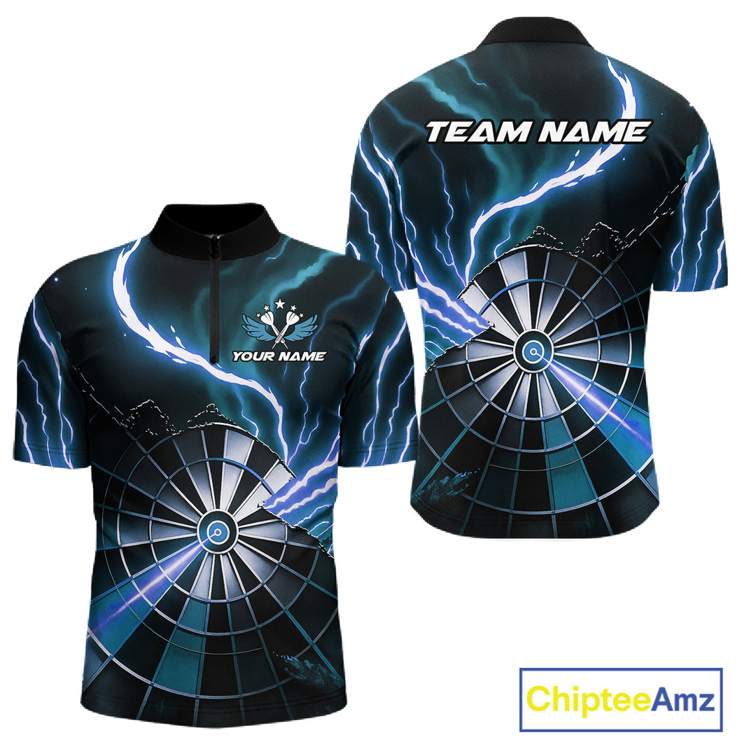 Personalized Blue Lightning Mens Dart Shirts Custom Glowing Darts Team Jersey Polo & 1/4 Zip TDM5161