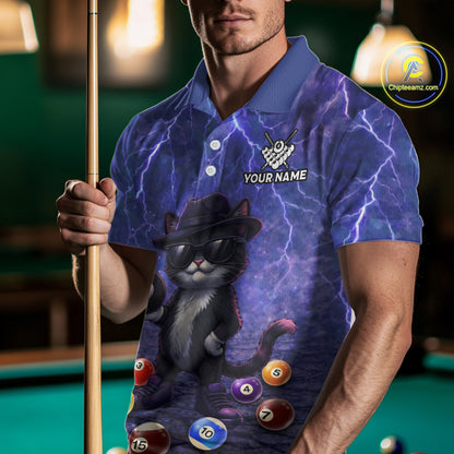Purple Funny Cat Lightning Billiard Shirt For Men Custom 8 Ball Pool Team Jersey Polo & 1/4 Zip TDM5912