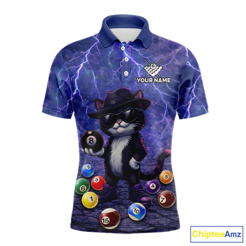 Purple Funny Cat Lightning Billiard Shirt For Men Custom 8 Ball Pool Team Jersey Polo & 1/4 Zip TDM5912