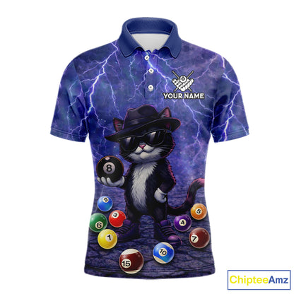 Purple Funny Cat Lightning Billiard Shirt For Men Custom 8 Ball Pool Team Jersey Polo & 1/4 Zip TDM5912