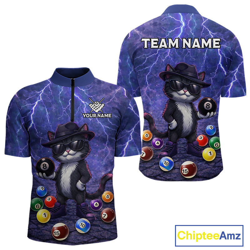 Purple Funny Cat Lightning Billiard Shirt For Men Custom 8 Ball Pool Team Jersey Polo & 1/4 Zip TDM5912
