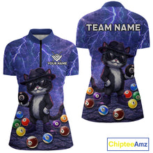 Load image into Gallery viewer, Purple Funny Cat Lightning Billiard Shirt For Women Custom 8 Ball Pool Team Jersey Polo &amp; 1/4 Zip TDM5912